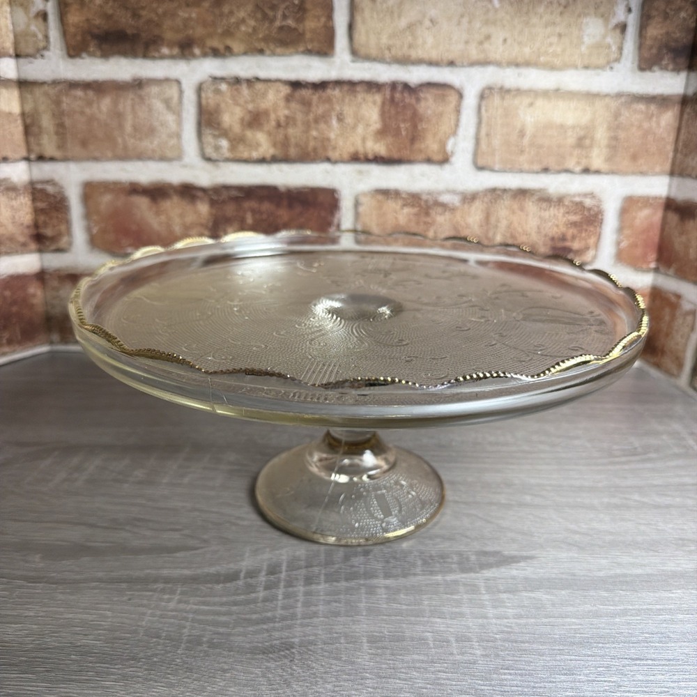 Vtg Jeanette Glass Cake Plate Harp Music Pattern Pedestal Stand Gold Trimmed